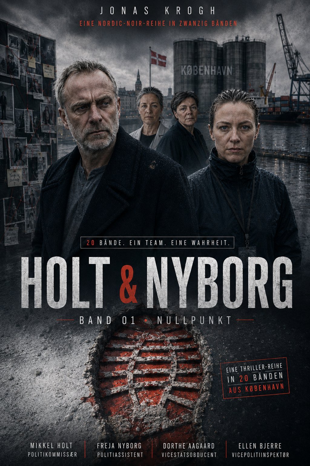 Filmplakat zu HOLT & NYBORG Band 01 NULLPUNKT: Mikkel Holt und Freja Nyborg vor dem Kopenhagener Nordhavn